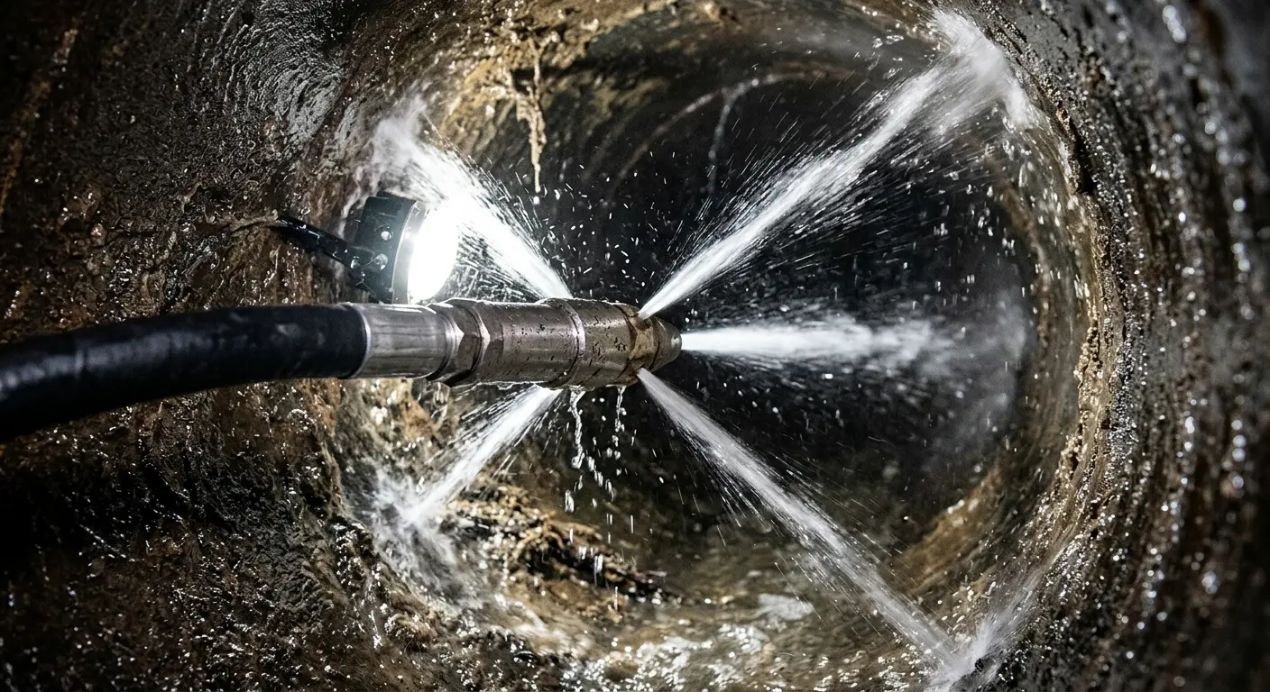 High-pressure hydro jetting nozzle cleaning sewer pipe for Trenchless Sewer Repair in Cheltenham