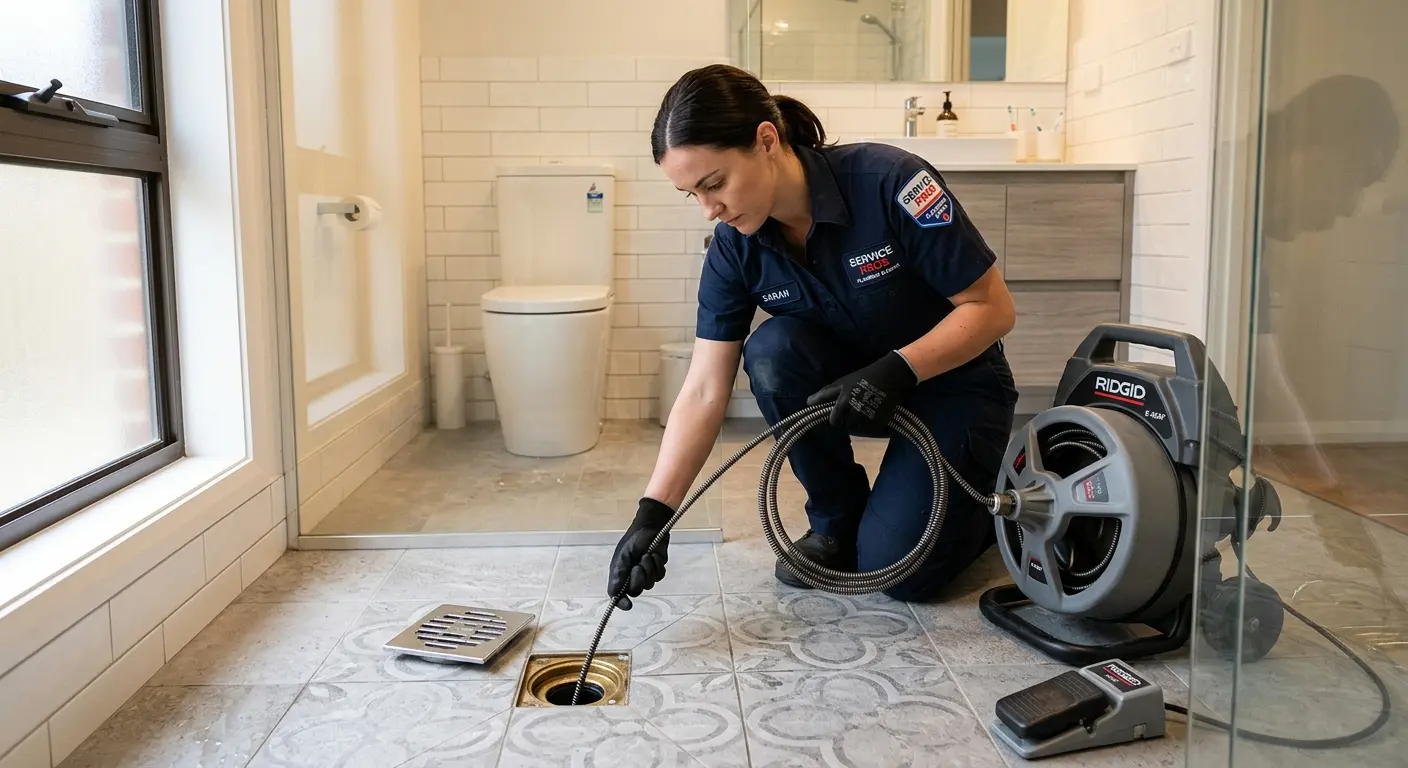 Technician clearing a bathroom floor drain for Hydro Jetting in Cheltenham